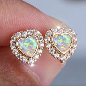 14k Gold White Opal Heart Earrings Gold Heart Stud Earrings